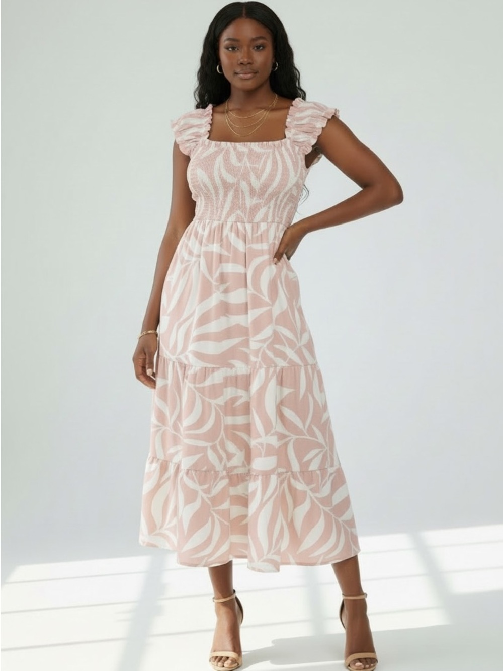Blush and White Leaf Print Smocked Maxi Dress - Picture 2 of 6